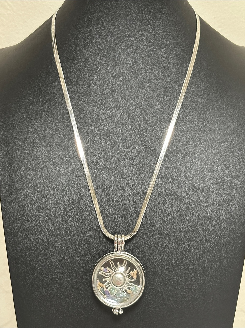 Floating Celestial Sun Glass Locket On Flat Stainless Steel Snake Chain Necklace
